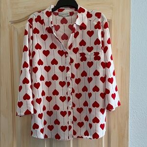 Heart Patterned Button-Up Blouse - Red & White